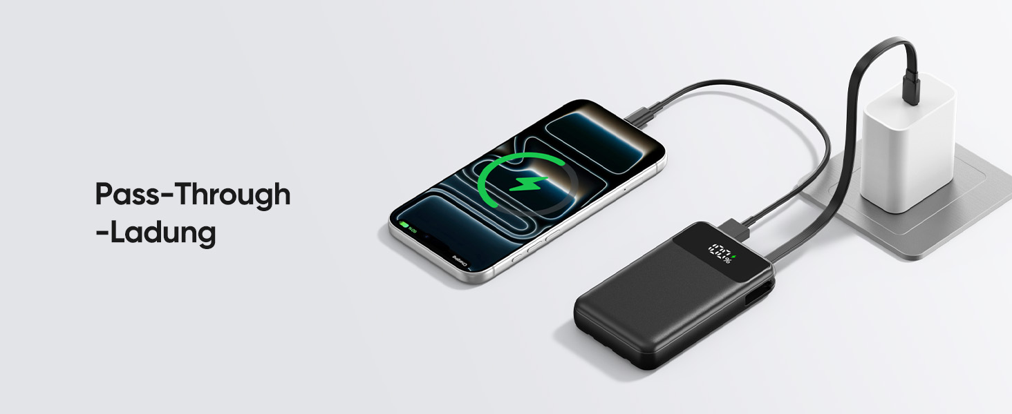 Повербанк ADDTOP 20000mAh з 4 вбудованими кабелями, швидка зарядка 22.5W, компактний зовнішній акумулятор (Чорний)