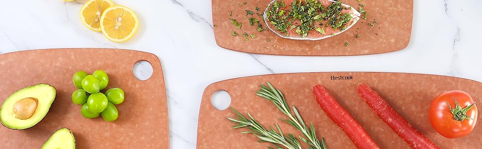 Дошка для нарізання BESTCOOK з деревного волокна, щільна, безпориста, екологічна, без BPA, підходить для посудомийної машини, двостороння, безпечна для ножів, 44x33x0,6 см, для м'яса, хліба та фруктів
