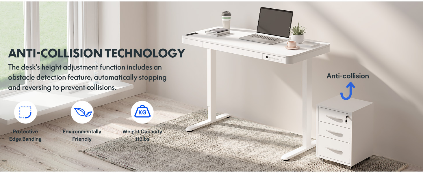 Електричний регульований стіл Sanodesk з ящиком, сенсорним керуванням та USB-портами, 120 x 60 см, білий + білий, висота 73.5-118 см