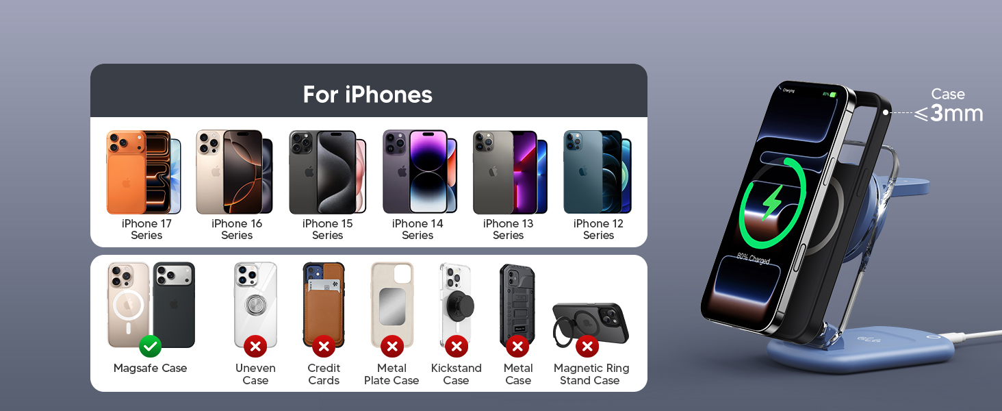 Підставка для зарядки MagSafe 3-в-1 для iPhone 17/16/15/14/13/12 Pro Max/Air/Plus/Pro та Apple Watch 10/9, AirPods 3/2/Pro (блакитна)