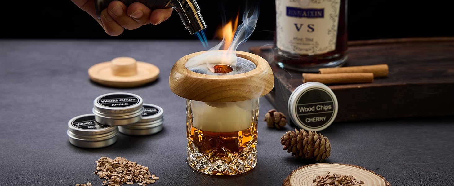 Набір для димування коктейлів та віскі – 6 видів деревини, ліхтарик, генератор диму (без бутану) – покращений нагрівач, 2 форми для льоду, 6 гранітних каменів