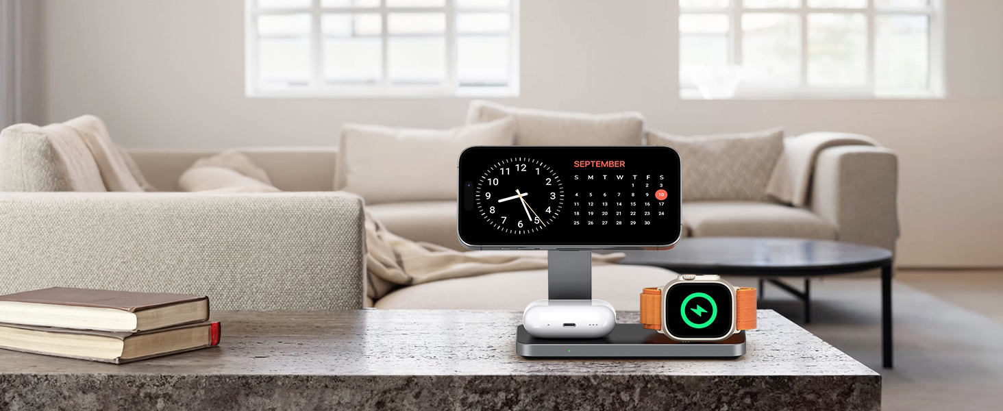Бездротова зарядка Induktive з підтримкою MagSafe, 3-в-1 для iPhone 15/14/13/12, Apple Watch та AirPods, 30W, колір: чорний