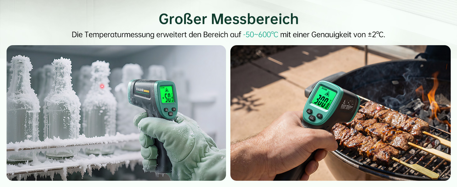 Інфрачервоний термометр ERICKHILL -50℃~800℃: безконтактний лазерний термометр з LCD-дисплеєм, регульований коефіцієнт випромінювання. Підходить для приготування їжі, грилю, заморожування, промисловості