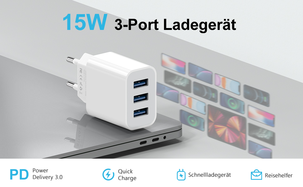 Мережевий адаптер Amoner з USB 3-портом, 15W x 2, для iPhone 14/13/12/11/X/8 та інших пристроїв