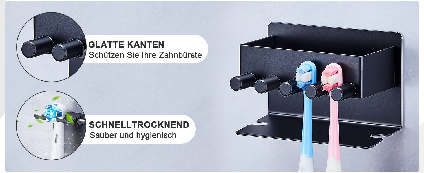 Настінний тримач для зубних щіток GGQ, для електричних та звичайних щіток, без свердління, самоклеючий, з органайзером для пасти, чорний