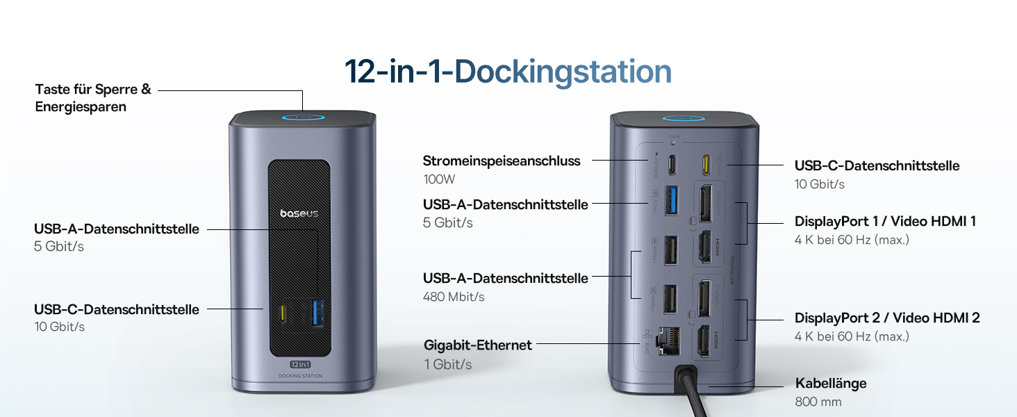 Базаус Док-станція USB-C 12-в-1, сумісна з Dell/HP/Lenovo/Asus/Acer/Mac, 2 монітори 4K HDMI, 10Gbps USB-C/A, 100W PD, Gigabit Ethernet
