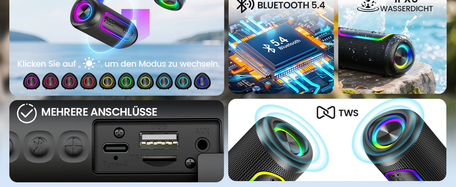 Портативна Bluetooth колонка UOHHBOE 30W з RGB підсвічуванням, TWS Stereo, 24 години роботи, IPX5 водонепроникність
