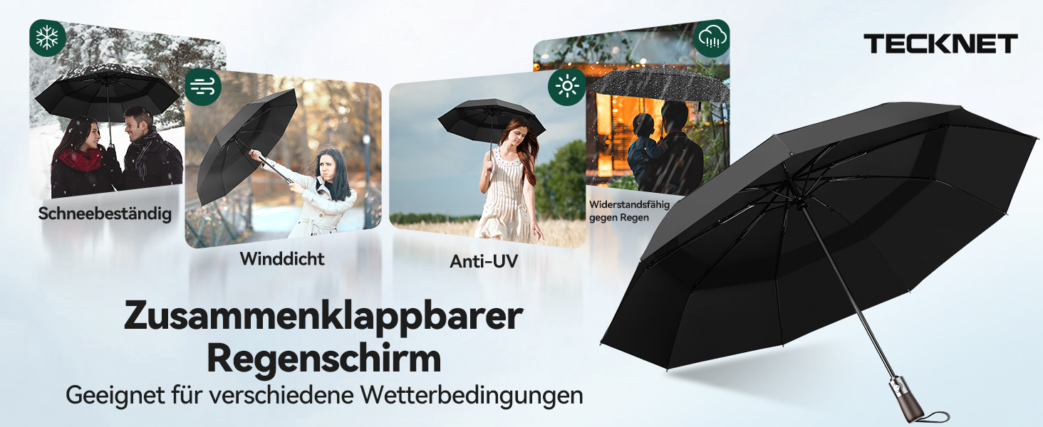 TECKNET Парасолька автоматична, чорна, штормостійка, легка у використанні