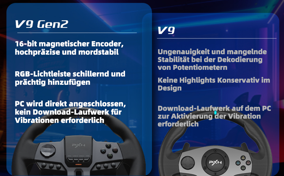 PXN V9 Gen2 Руль для ПК з педалями та перемикачем передач, 270/900° оберт, Магнітний енкодер, Датчик Hall Effect, сумісний з PC, PS4, Xbox One, Xbox Series X|S