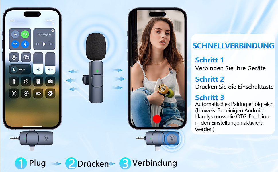 Бездротовий мікрофон Lavalier Mini для телефону/iPhone/Android/ПК/iPad, USB-C, 4-в-1, для відео, стрімінгу, YouTube, TikTok, блогу, подкасту, блакитний