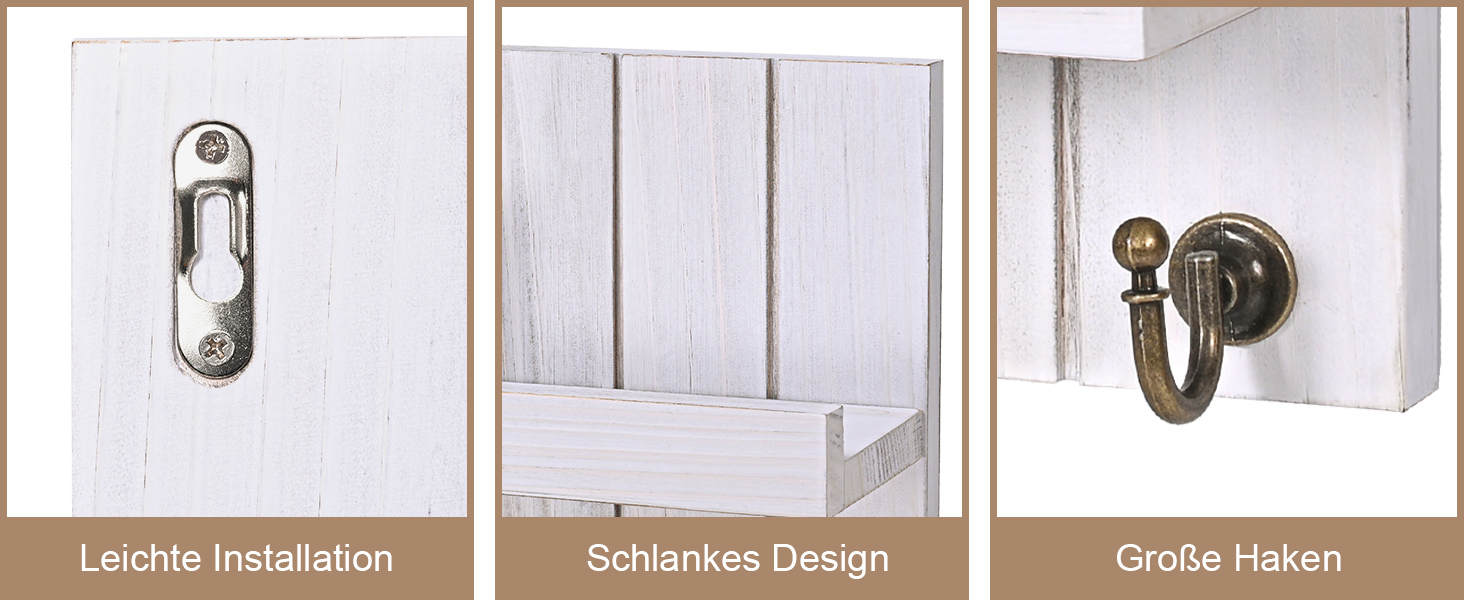 Дерев'яне ключниця з полицею, 5 гачків, для прихожей, вітальні, спальні, світло-білий колір