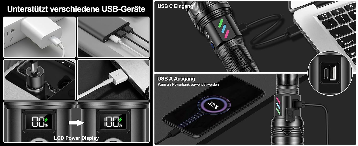 LED ліхтарик Esgreen 500000 люменів - тактичний, потужний, з USB-C, зумом, 5 режимів, для кемпінгу та безпеки