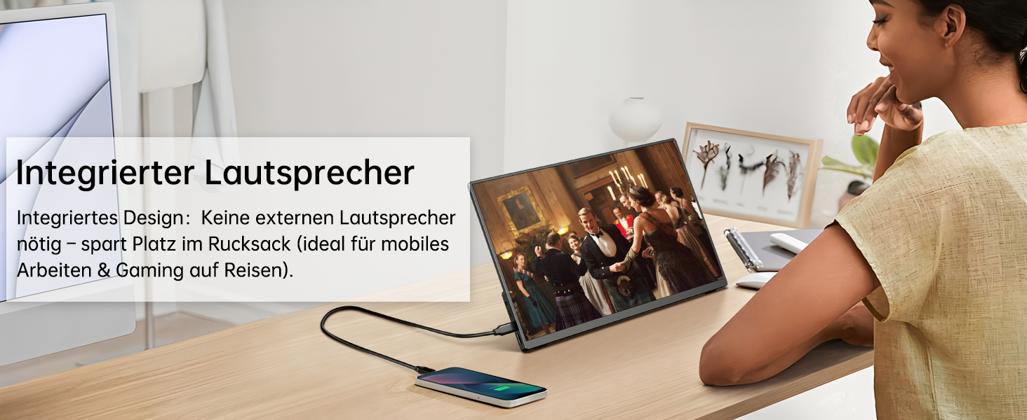 Портативний монітор 15.6' FHD IPS з динаміками та підставкою, ультратонкий додатковий екран для ноутбука/ПК/Mac - USB-C & HDMI, з захисним чохлом, матовий чорний 15.6