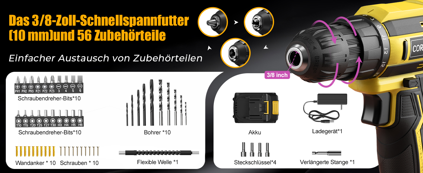 Акумуляторний шурупокрут/дрель 20V, 56 шт. у комплекті, 42Nm, LED-підсвічування, для дому та ремонту