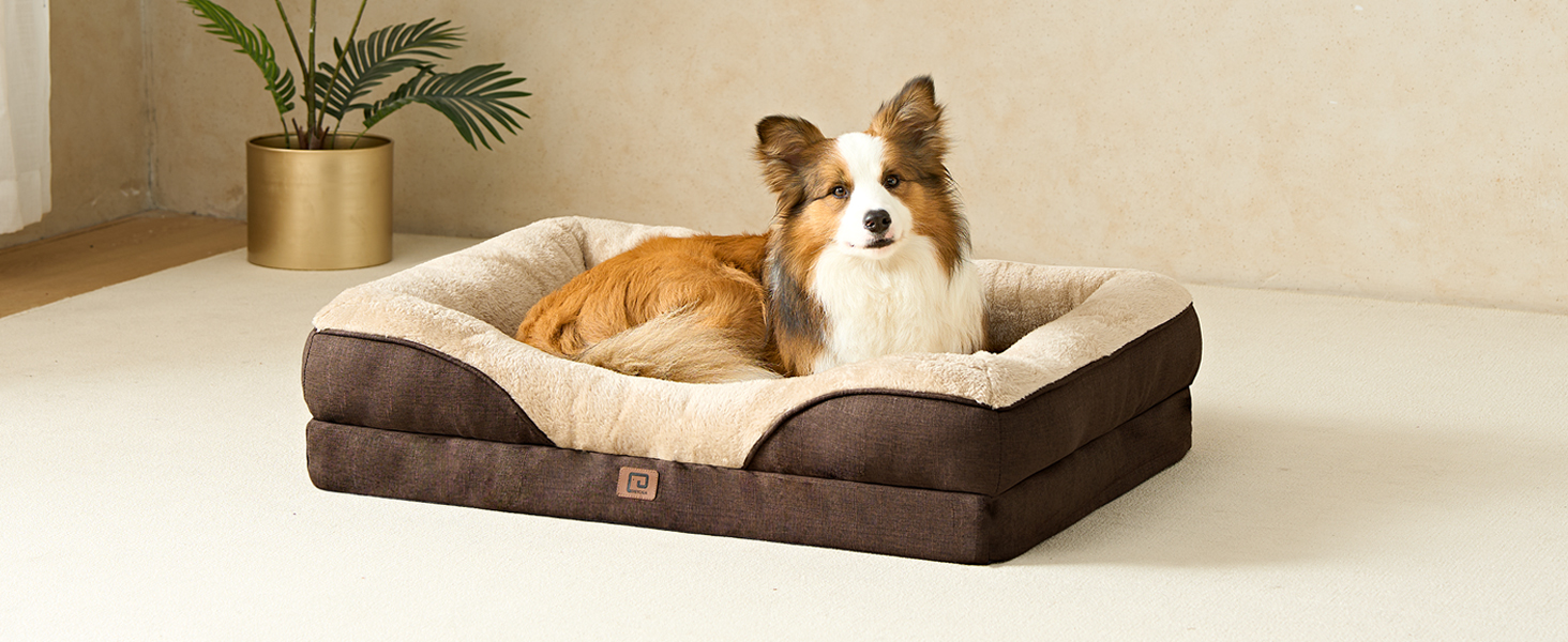 Orthopedic Dog Bed for Large Dogs, Memory Foam, Washable and Waterproof Dog Basket with 4 Sides, Dog Sofa/Dog Couch, Non-Slip, 106.5x76x18.5 cm (91 x 68 x 17.5 cm (L x W x H), Brown)