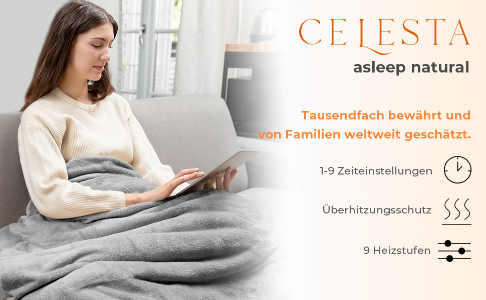 Електрична ковдра Celeste з автовимкненням 180x130 см, 9 рівнів нагріву, таймер, для софи, ліжка та офісу, темно-сіра