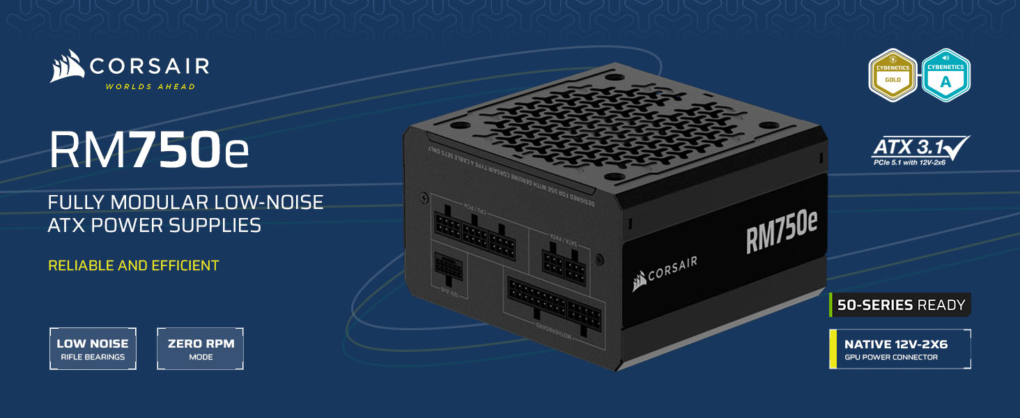 Блок живлення Corsair RM1000e 2025 RMe Serie 1000W ATX 3.1 PCIe 5.1 Cybenetics Gold повністю модульний