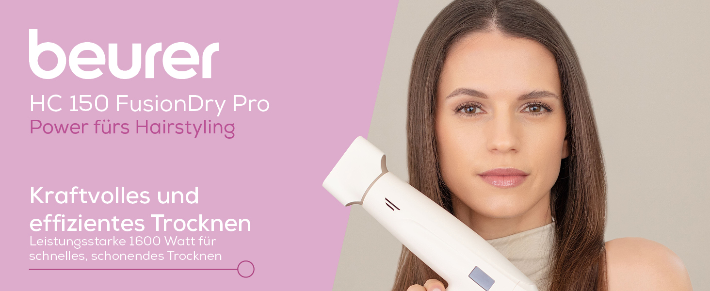 Фен для волосся Beurer HC 150 FusionDry Pro з цифровим двигуном, іонізацією та набором з 4 насадок, складаний дорожній варіант