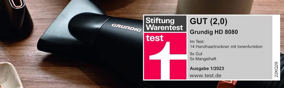 Фен GRUNDIG Naturashine HD 8080 з іонізацією, 2 насадки, 2300 Вт, 3 температурні та 2 режими повітряного потоку, холодна функція, датчик Smart On/Off, 3 м кабель, чорний / рожеве золото