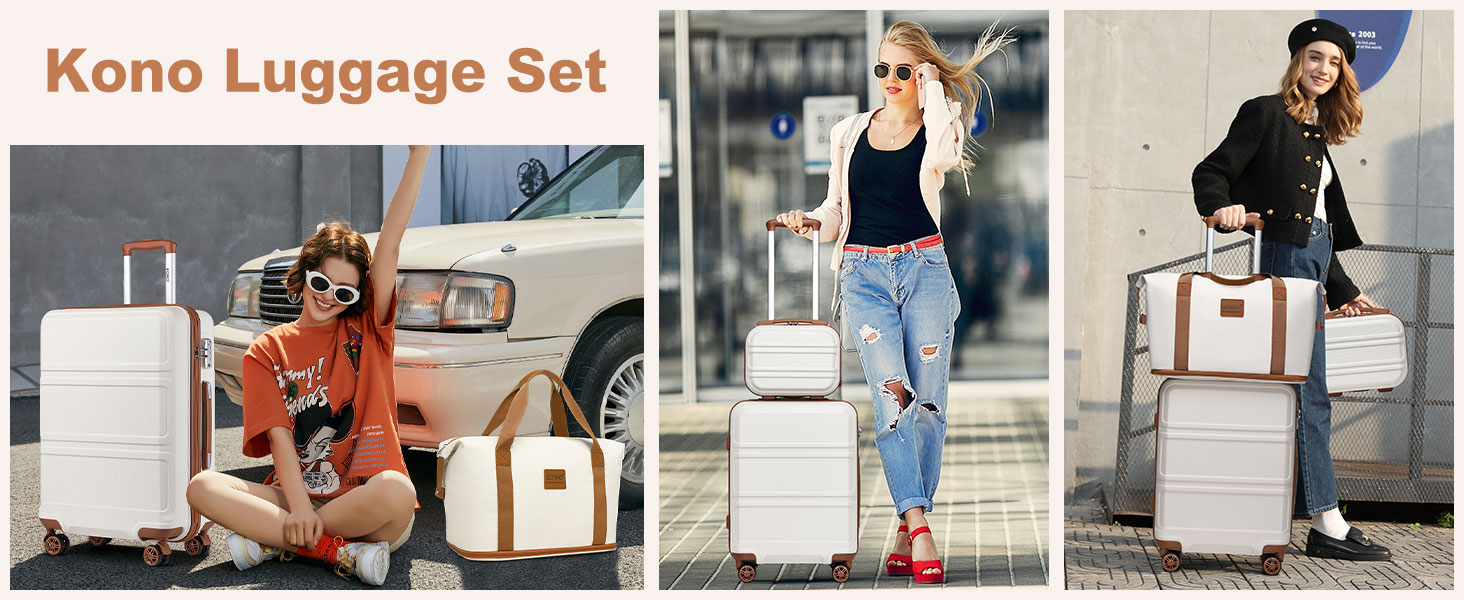 Набір валіз KONO 4 в 1: ручна валіза 55 см, косметичка, сумка для ручної поклажі, кульшова сумка (кремовий білий)