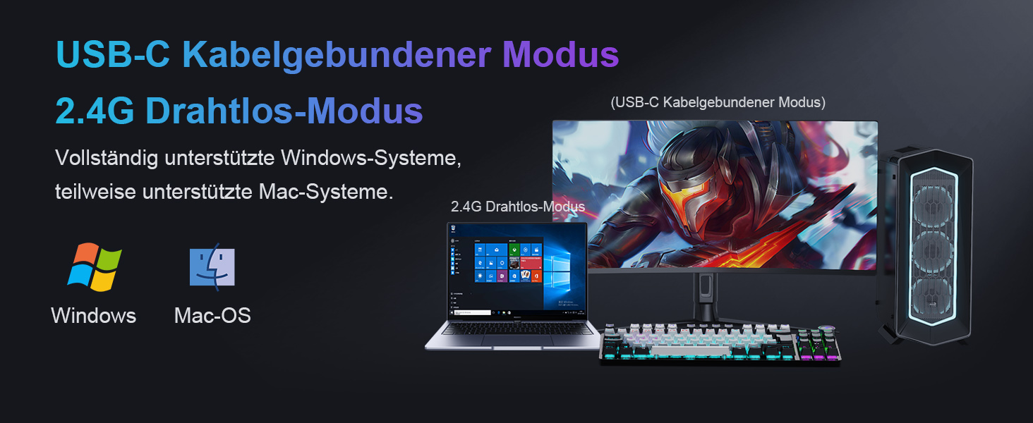 Механічна ігрова клавіатура TECURS бездротова, 80% TKL з підсвічуванням, Red Switch, QWERTZ, для ПК, ноутбука, Windows, чорно-біла