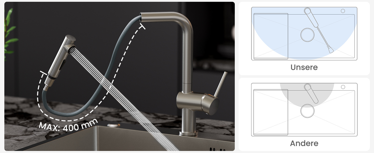 Змішувач для кухні CECIPA X203B чорного кольору з висувною лійкою, поворотний на 360°, з двома режимами струменя, нержавіюча сталь