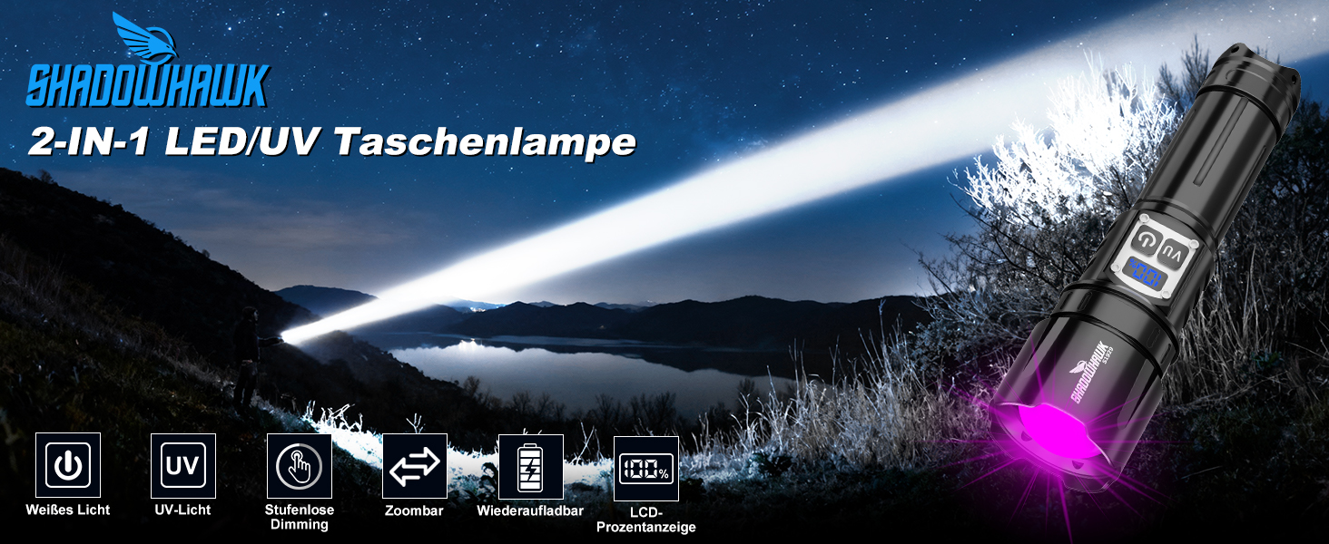 Ліхтар Shadowhawk 2-в-1 LED/UV, акумуляторний, 500000 люмен. Ідеально для інспекції, кемпінгу та відпочинку на природі. З регулюванням яскравості та UV-режимом.