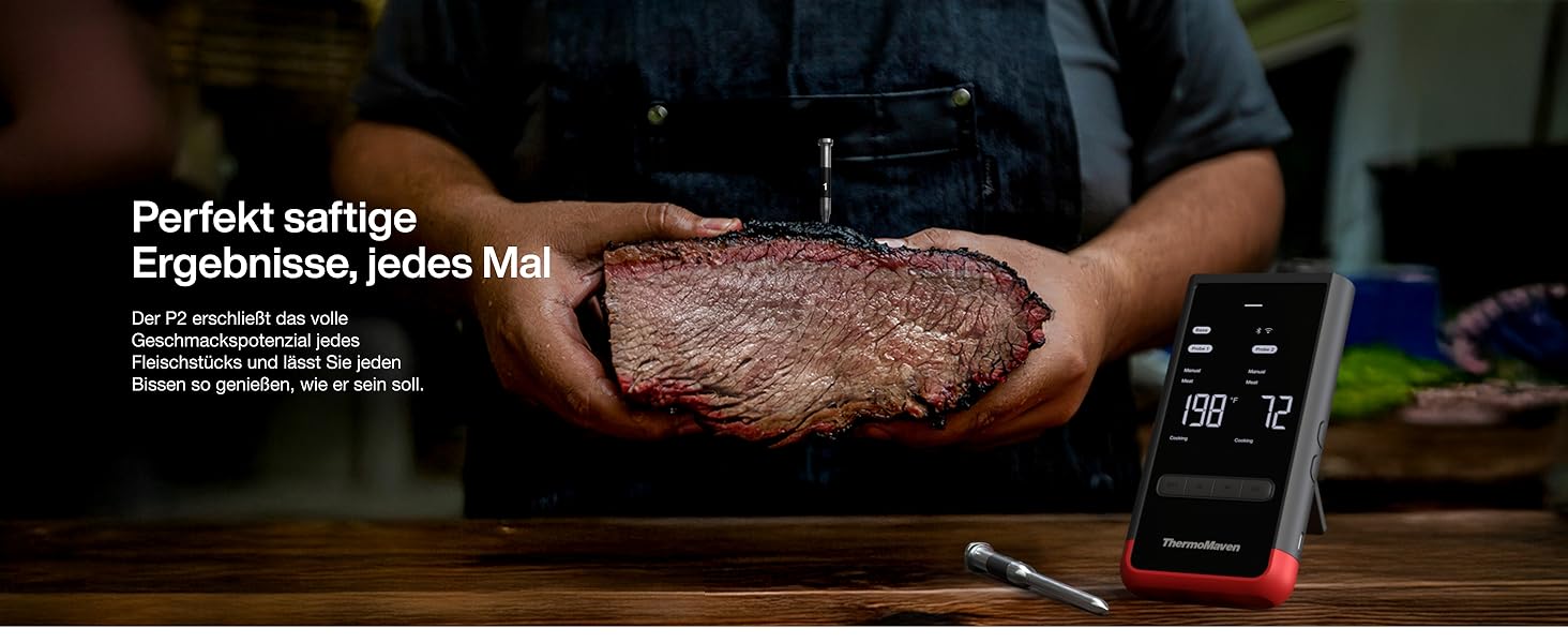 ThermoMaven P2: Розумний термометр для м'яса з Bluetooth 5.3, 6 датчиків, Wi-Fi, IPX8, для гриля, духовки, кухні, фритюрниці (4 зонда)