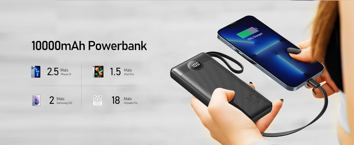 Power Bank 10000mAh з 5 виходами та 2 входами, LED дисплеєм та вбудованими кабелями. Сумісний з iPhone, iPad, Samsung, Xiaomi, Google Pixel. Чорний