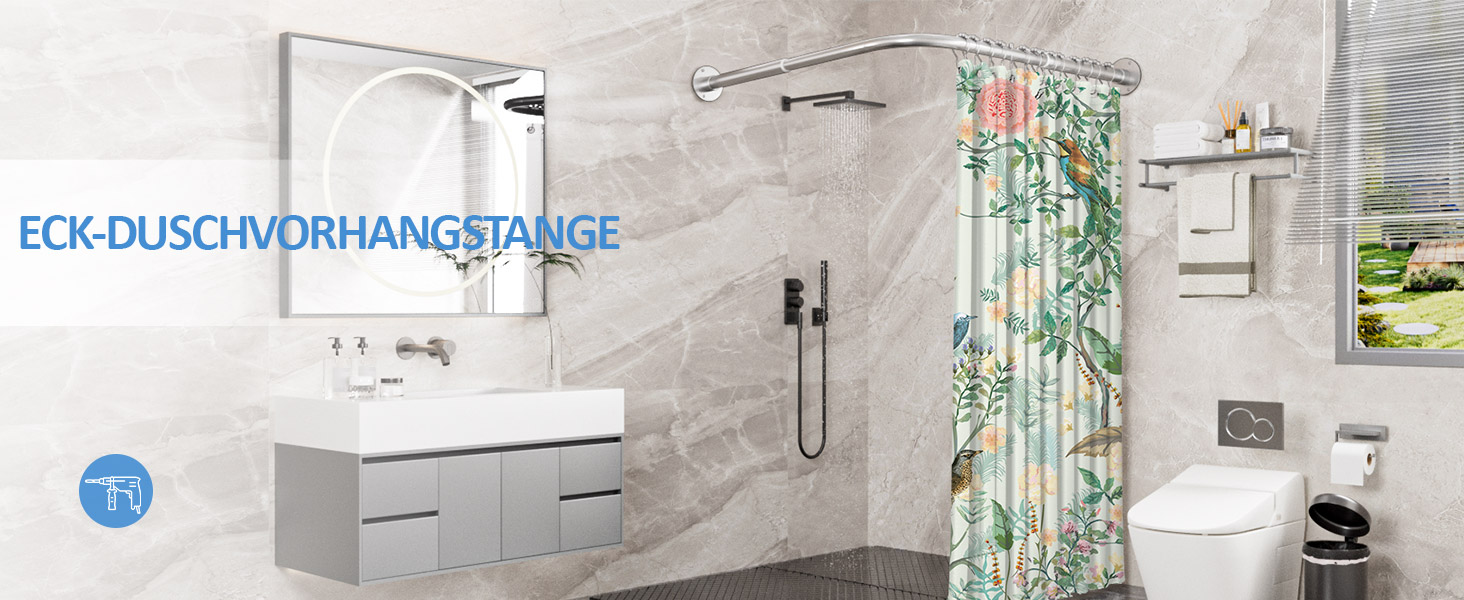 Регульована штанга для душу L-подібної форми, 60-134 см, з кріпленням для штори та підставкою для стелі, для ванни/ванної кімнати, срібна