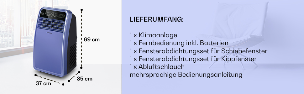 Мобільний кондиціонер Klarstein з випускним шлангом, 4-в-1: кондиціонер, вентилятор, осушувач повітря та нічний режим, компактний та портативний для дому та офісу, низьке енергоспоживання, 7000 BTU, білий (7000 BTU, блакитний)