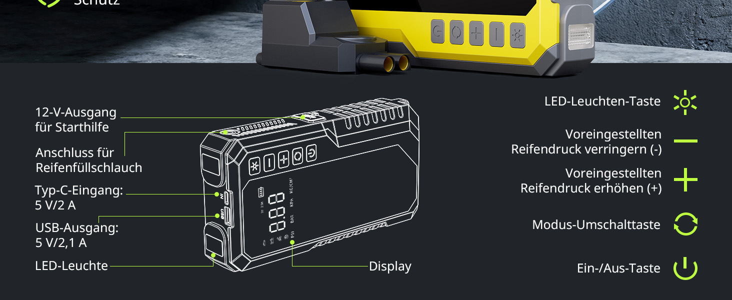 Powerbank для авто Karlxtom з компресором 190PSI, 88Wh, 4500A, LED-ліхтар, LCD-дисплей, для бензинових та дизельних двигунів (до 10L)