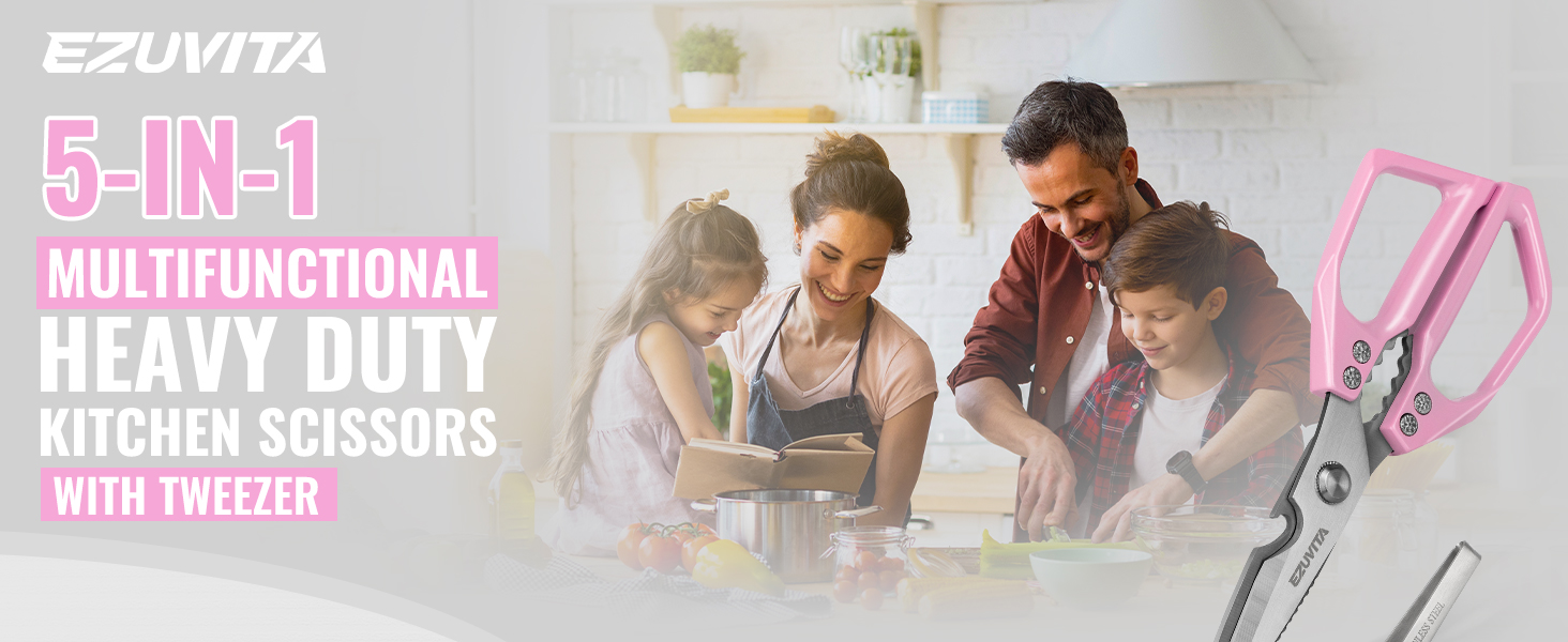 Набір кухонних ножиць 5-в-1 з пінцетом, кухонні ножиці з титановим покриттям, нержавіюча сталь, придатні для миття в посудомийній машині, універсальні ножиці для кухні, птиці, риби, м'яса (рожеві)
