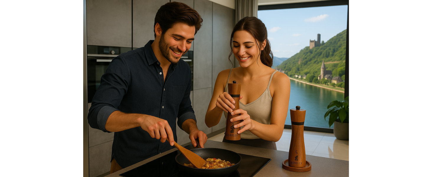 Дерев'яна мельниця для солі та перцю LORELEY® Mittelrhein Germany з керамічним механізмом – з підставкою та пензлем – у подарунковій коробці. Ідеальний подарунок на весілля або новосілля (Deluxe з нержавіючої сталі)