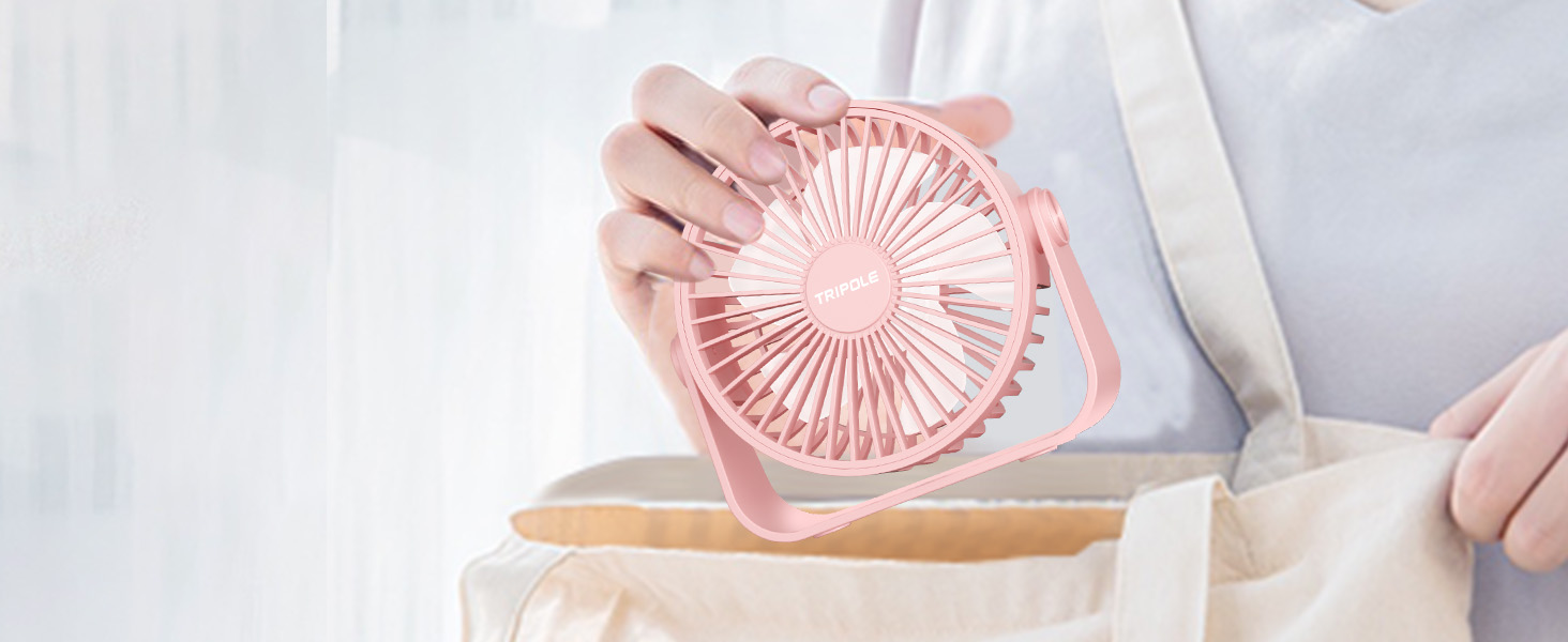 Триполю USB Настільний Вентилятор, 3 швидкості, регульований, потужний потік повітря, 360° обертання, кабель 1,5 м, рожевий, компактний міні-вентилятор