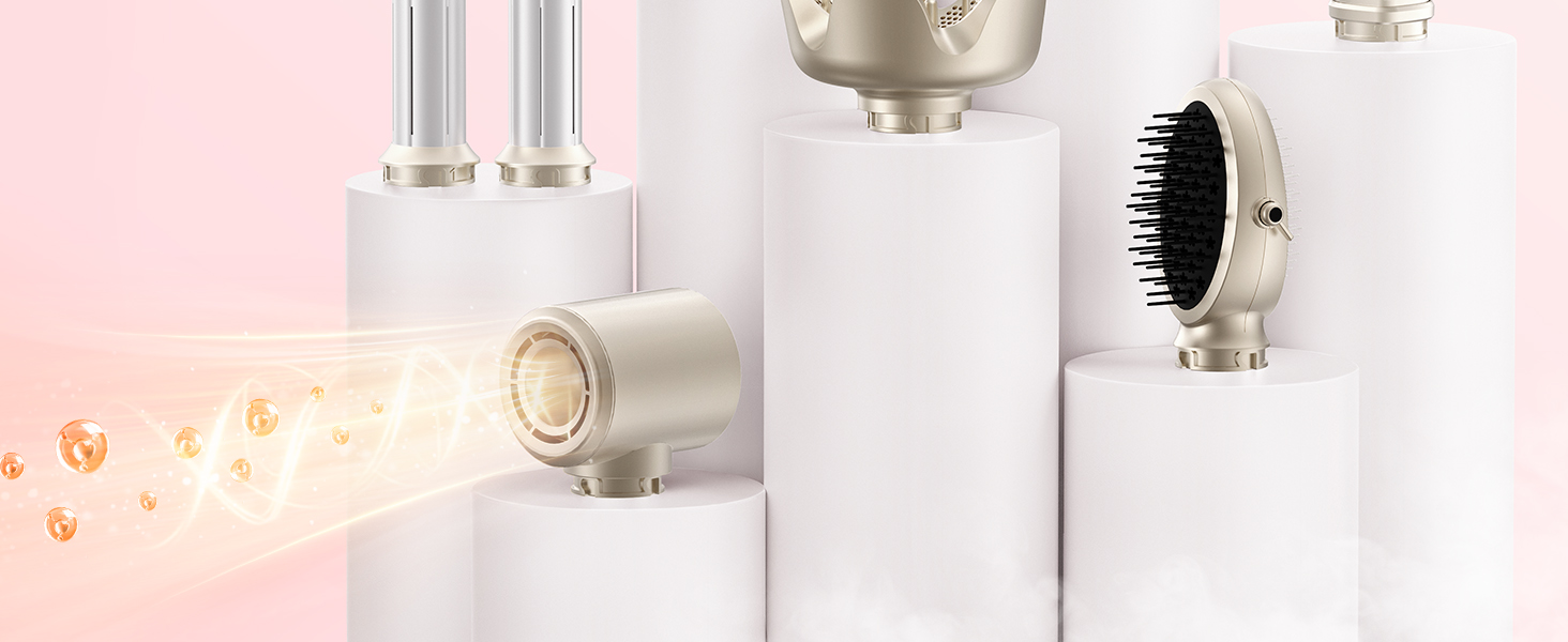 Airstyler 8-в-1: комплект для укладки та сушки волосся з автоматичною завивкою, щіткою, концентратором, дифузором, швидка сушка, без пошкодження волосся, золото
