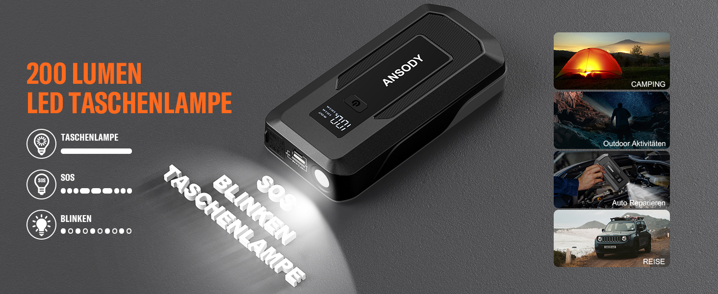 Powerbank для авто 12V Starthilfe 3000A: пусковий пристрій з LED, для бензину/дизеля (10/8L), сірий