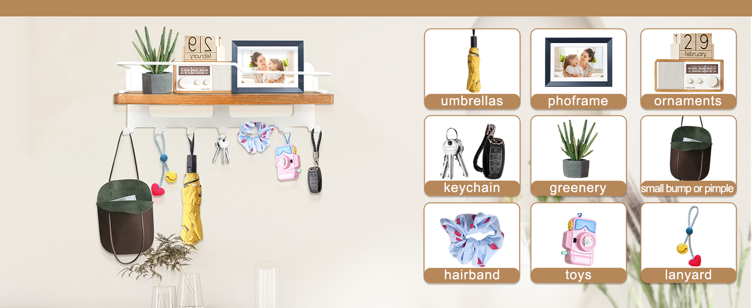 Дерев'яне ключове дошка JiangLin з полицею, декоративний тримач для ключів, настінна ключниця з 7 гачками, для входу, коридору, вітальні (білий)