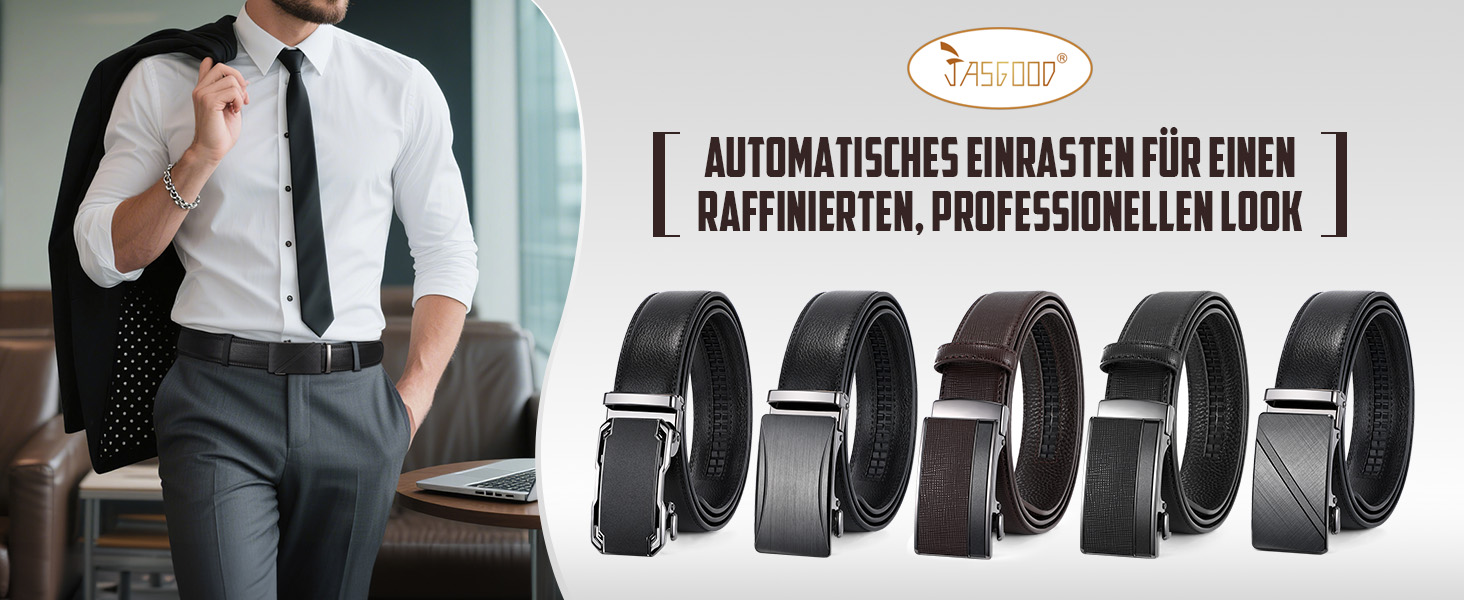 Чоловічий шкіряний ремінь JasGood з автоматичною застібкою та регулюванням, 35 мм, чорний, 115 см (підходить для талії 85-100 см)