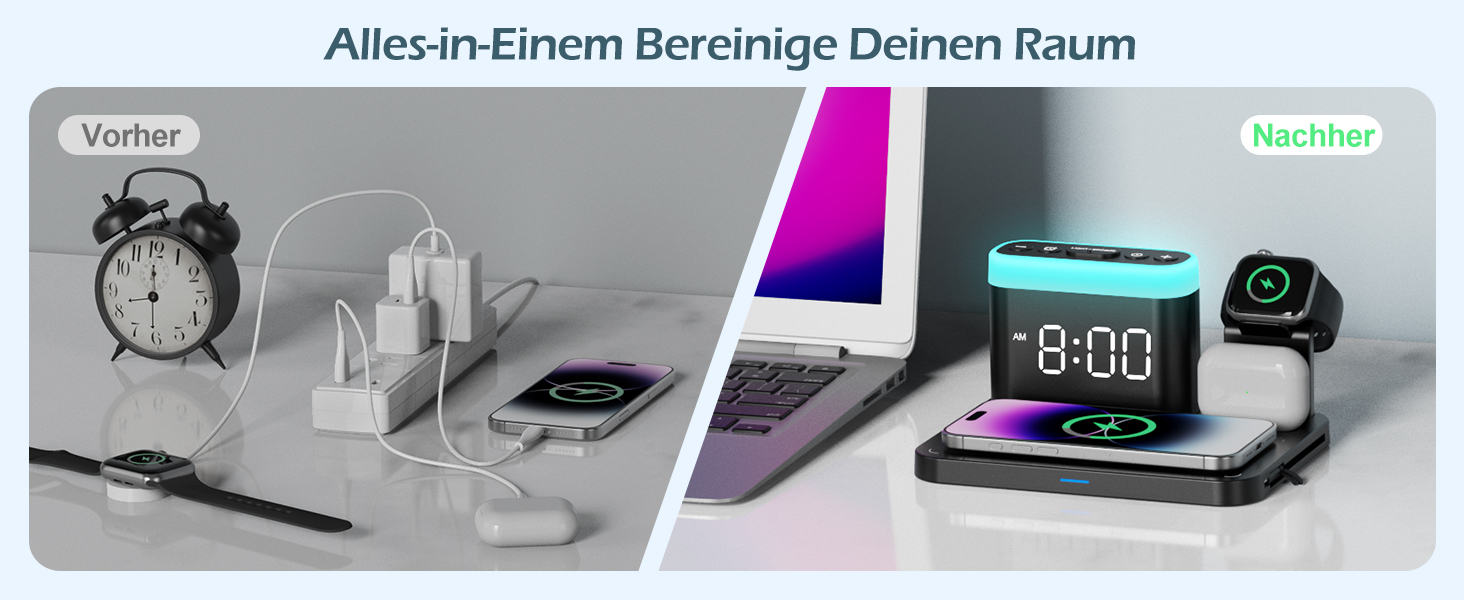 Бездрокова зарядна станція ANJANK 3-в-1 з будильником, 7 нічників та Mag-Safe для iPhone 17/16/15/14/13/12 Pro Max Plus, Apple Watch 11/10/9/8, AirPods