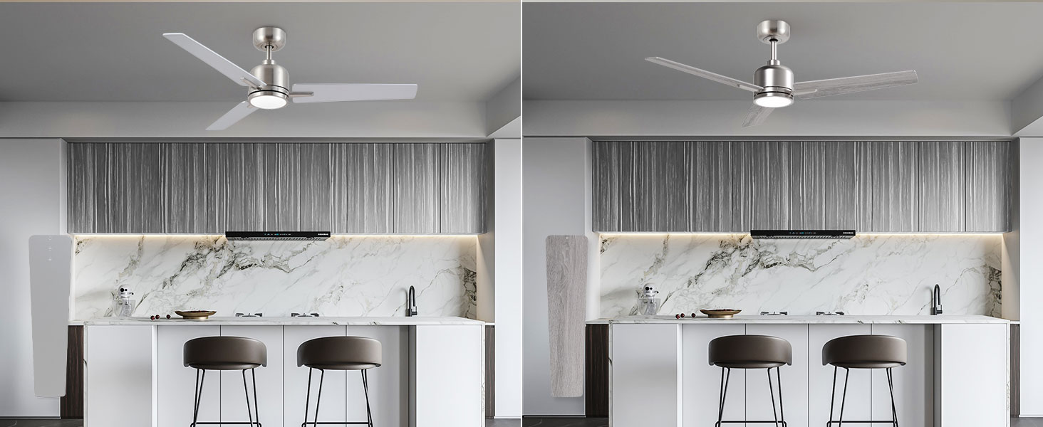 Стеляний вентилятор Newday з дерева білого кольору, 122 см з підсвіткою та пультом керування. Тихий вентилятор на стелю з лампою, регульована яскравість, DC мотор, реверсивний режим для спальні та вітальні (122-silber-holz)