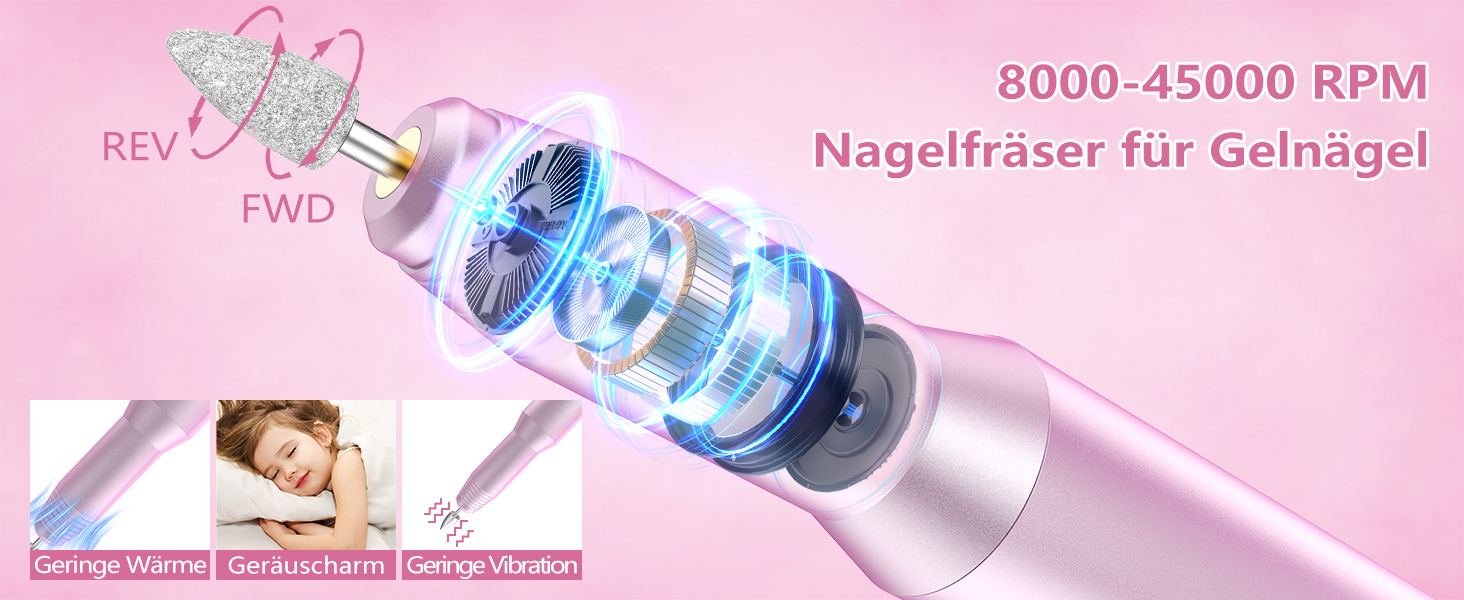 Електричний фрезер для нігтів Nagelfräser 45.000 об/хв - 14 в 1 для гелю, акрилу, манікюру та педикюру, 6 швидкостей, акумуляторний, рожеве золото