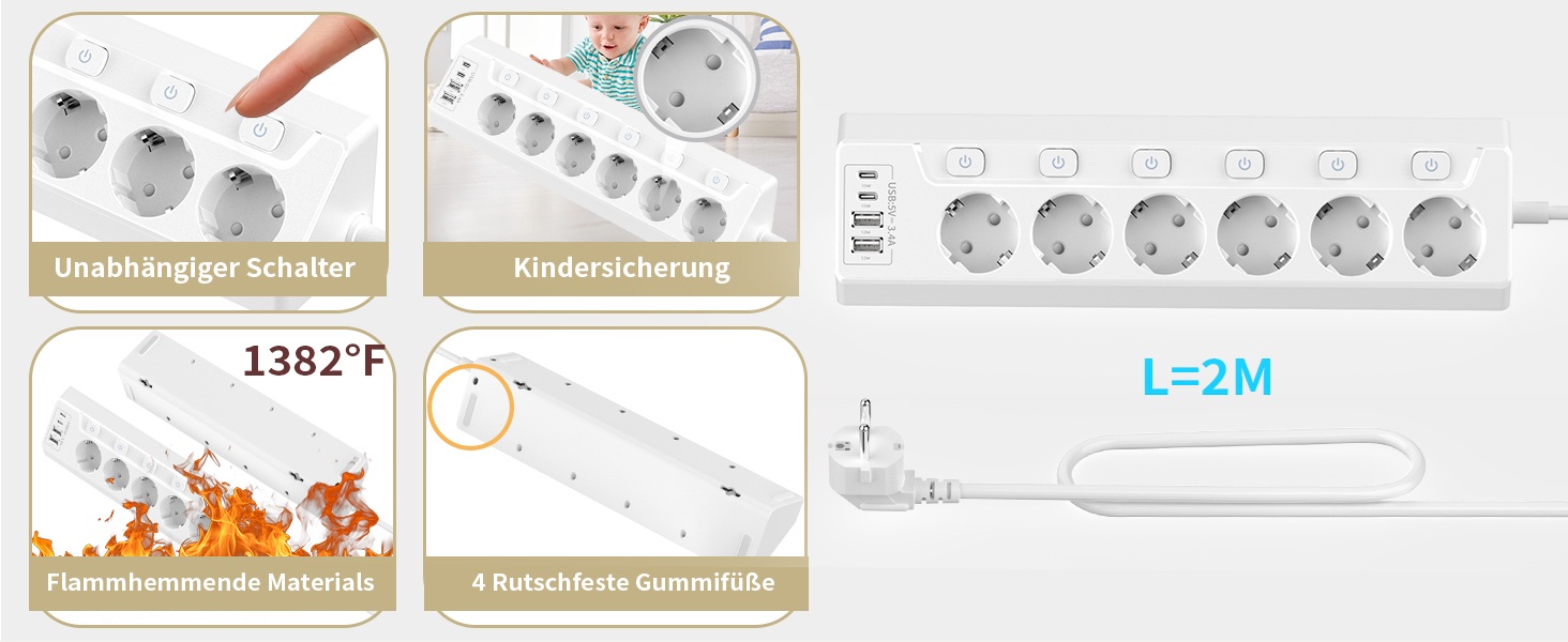 Розподільник розеток з захистом від перенапруги, 6 розеток, USB-C, 2м кабель, 4000W, 16A, для кухні, дому, офісу (білий)