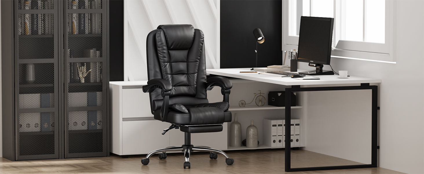 Офісний крісло-шезлонг для кухні/офісу Naspauluro: ергономічний комп'ютерний стілець з високою спинкою, підлокітниками та регулюванням висоти, функція нахилу, поворотний, з підніжкою (чорний)