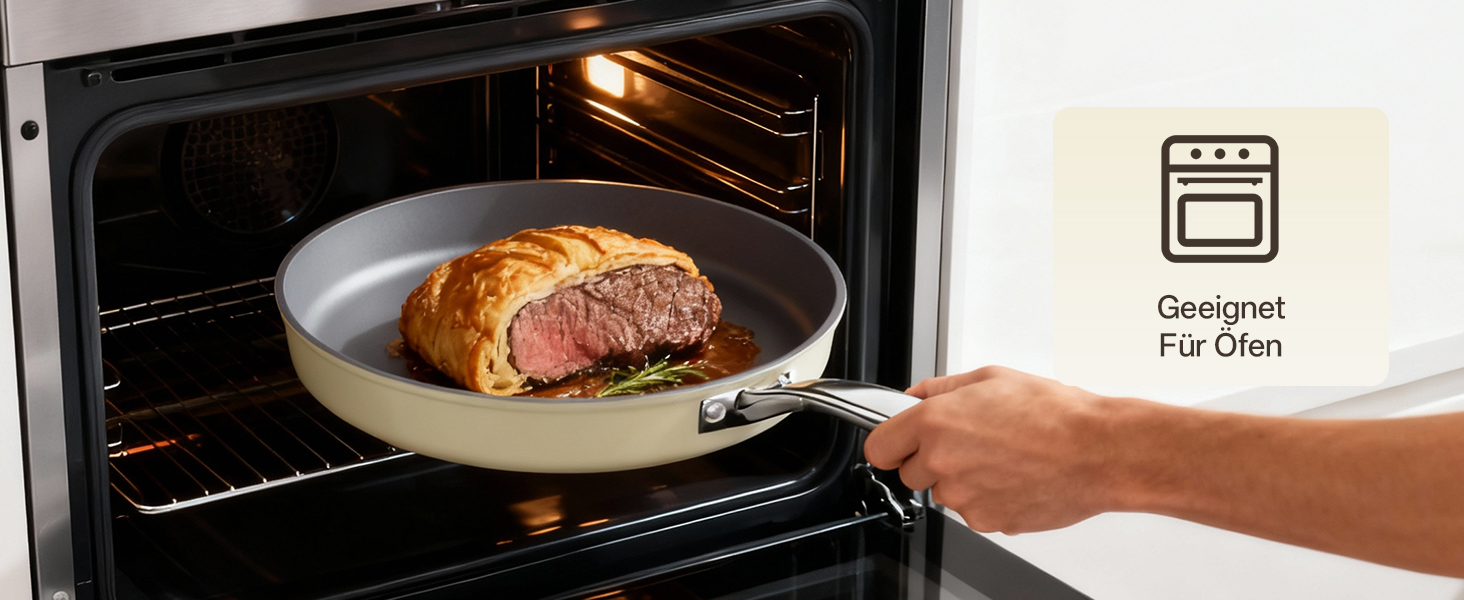 Набір сковорідок Koch Kode з керамічним покриттям 20/24/28 см, з нержавіючою ручкою, для індукційних плит, без PTFE та PFOA, придатні для миття в посудомийній машині та випікання, бежевий