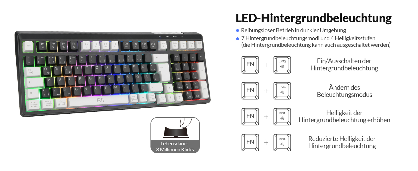 Бездротовий ігровий комплект клавіатури та миші Rii: Bluetooth + 2.4GHz, LED-підсвітка, QWERTZ