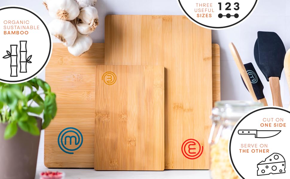 Набори дерев'яних обробних дощок MasterChef: великий (38x27,5 см), середній (34x23,5 см), маленький (23x15 см) з канавкою для соку, 3 шт.