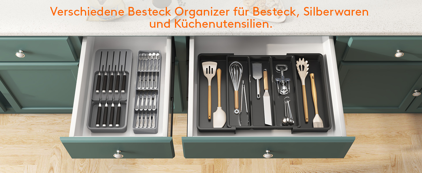 Органайзер для столових приборів Lifewit в шухляду, 4 відділення, 40 см, сірий (2 шт.)