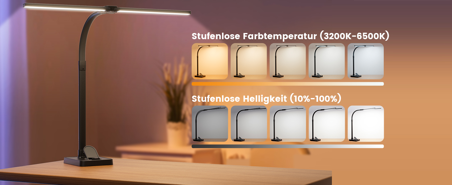 APMIEK LED Настільна лампа для офісу та дому, 24W, 76 см, з регульованим кутом нахилу, 3200K-6500K, захист для очей, чорна з підставкою