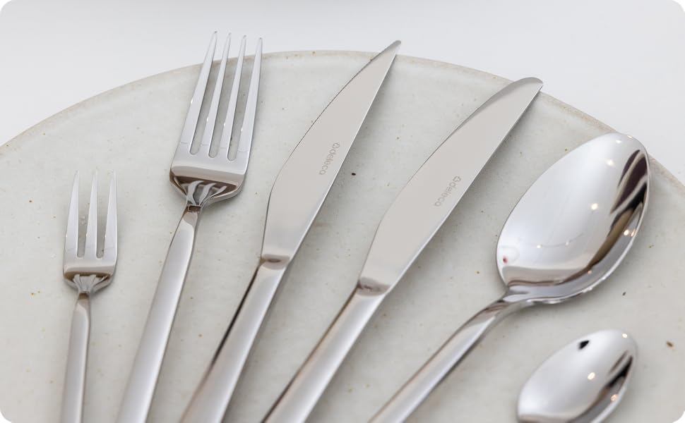 Набір столових приборів 36 предметів з нержавіючої сталі 18/0 на 6 осіб, сріблястий: ножі, виделки, ложки, ніж для стейка, виделка для торта, для повсякденного використання та прийому гостей, безпечні для посудомийної машини